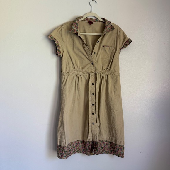 Merona Dresses & Skirts - Y2K Merona XL Tan Khaki Floral Trim Button Down Shirt Dress Short Sleeve Pockets